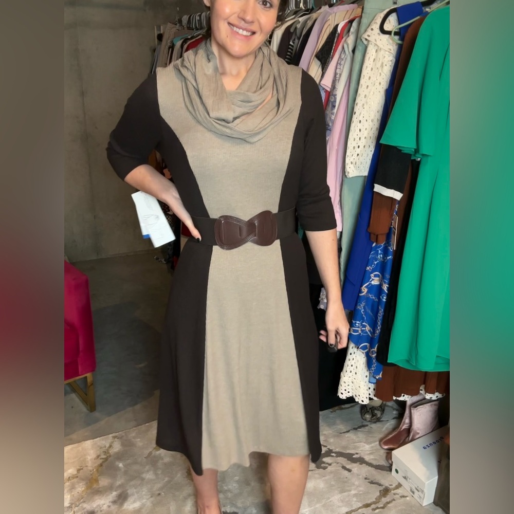 Vintage Knit Dress with Matching Scarf and Stretch Waist Belt